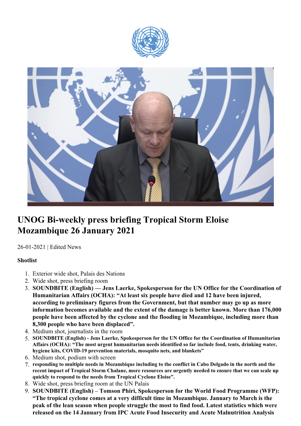 UNOG Bi-Weekly Press Briefing Tropical Storm Eloise Mozambique 26 January 2021