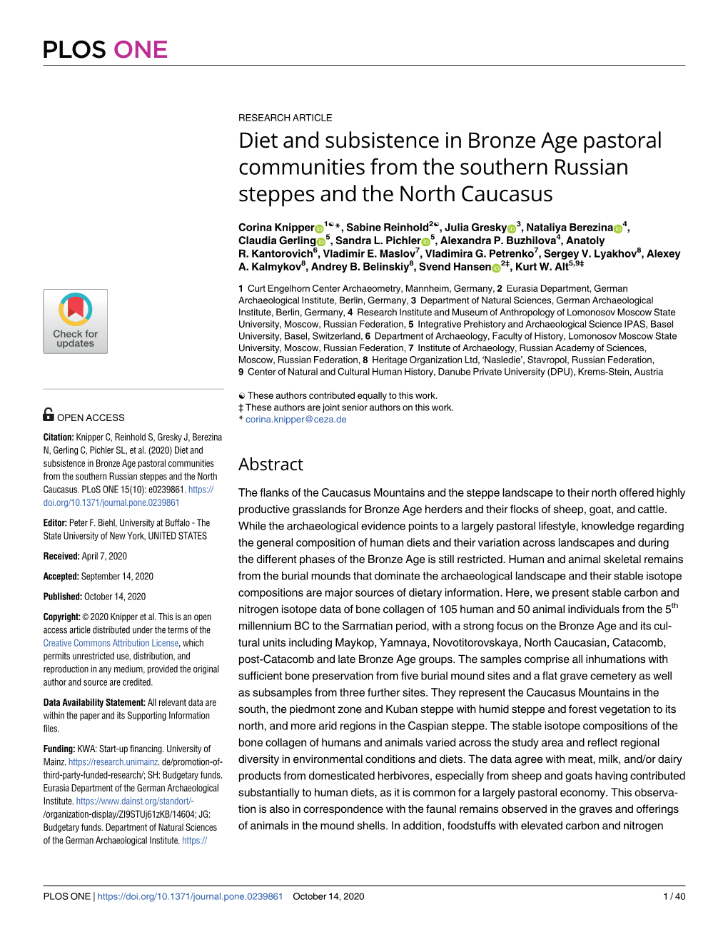 Diet and Subsistence in Bronze Age Pastoral Communities from the Southern Russian Steppes and the North Caucasus