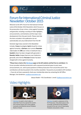 Forum for International Criminal Justice Newsletter: October 2015