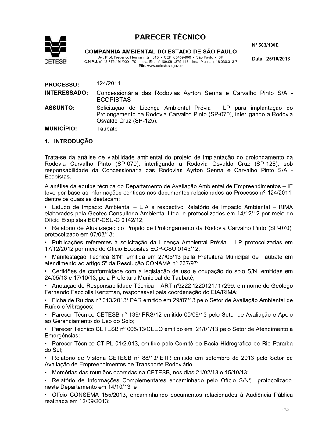 Parecer Técnico/CETESB/503/13/IE Sobre O EIA/RIMA a Que Se