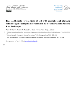 Rate Coefficients for Reactions of OH with Aromatic and Aliphatic Volatile Organic Compounds Determined by the Multivariate Relative Rate Technique Jacob T