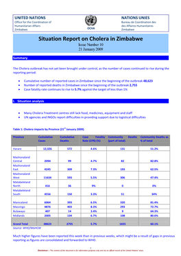 Situation Report on Cholera in Zimbabwe Issue Number 10 21 January 2009