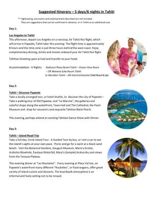Suggested Itinerary – 5 Days/6 Nights in Tahiti
