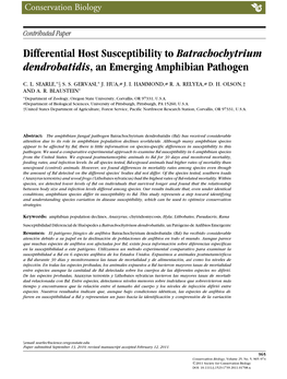 Differential Host Susceptibility to Batrachochytrium Dendrobatidis, an Emerging Amphibian Pathogen