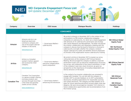 NEI Corporate Engagement Focus List Q4 Update: December 2017