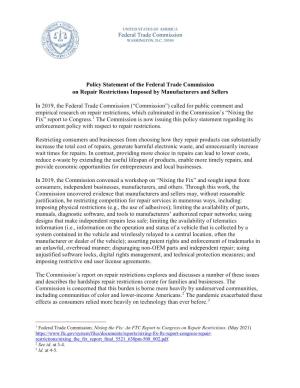 Policy Statement of the Federal Trade Commission on Repair Restrictions Imposed by Manufacturers and Sellers