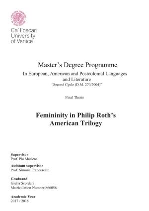 Master's Degree Programme Femininity in Philip Roth's American