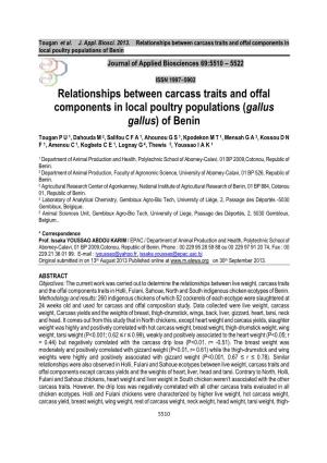 Relationships Between Carcass Traits and Offal Components in Local Poultry Populations of Benin Journal of Applied Biosciences 69:5 510 – 5522