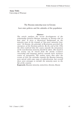 The Russian Minority Issue in Estonia: Host State Policies and the Attitudes of the Population