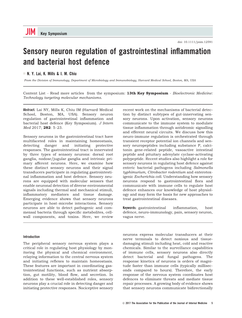 Sensory Neuron Regulation of Gastrointestinal Inflammation And