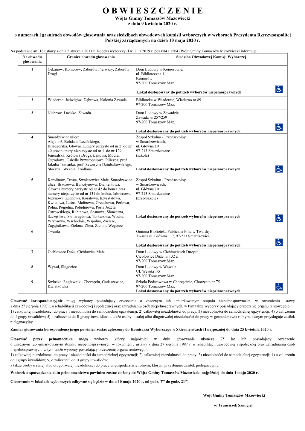 O B W I E S Z C Z E N I E Wójta Gminy Tomaszów Mazowiecki Z Dnia 9 Kwietnia 2020 R