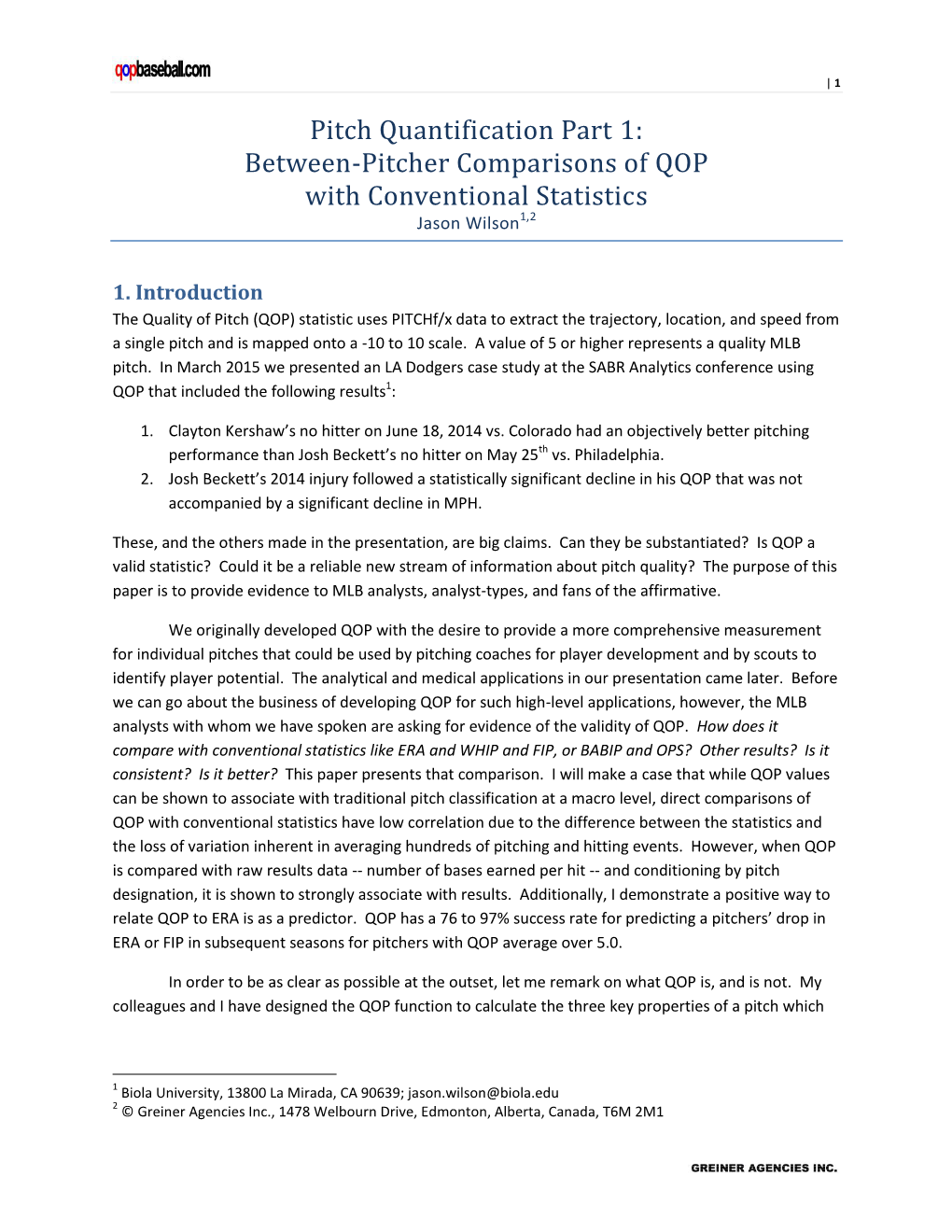 Between-‐Pitcher Comparisons of QOP With