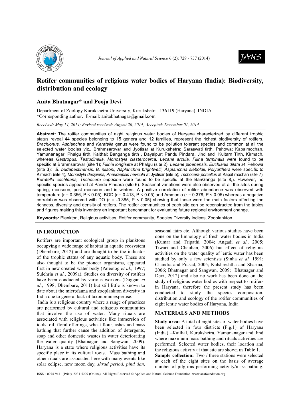 Rotifer Communities of Religious Water Bodies of Haryana (India): Biodiversity, Distribution and Ecology