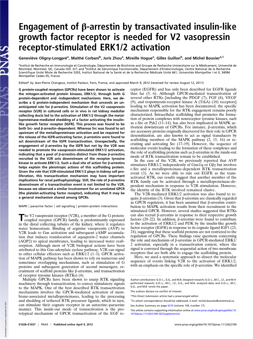 Engagement of Β-Arrestin by Transactivated Insulin-Like Growth Factor Receptor Is Needed for V2 Vasopressin Receptor-Stimulated ERK1/2 Activation