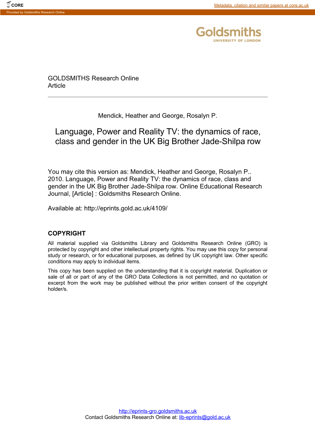 The Dynamics of Race, Class and Gender in the UK Big Brother Jade-Shilpa Row