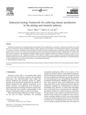 Industrial Ecology Framework for Achieving Cleaner Production in the Mining and Minerals Industry
