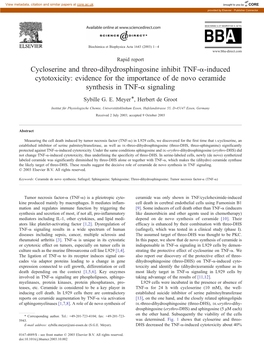 Cycloserine and Threo-Dihydrosphingosine Inhibit TNF-A-Induced Cytotoxicity: Evidence for the Importance of De Novo Ceramide Synthesis in TNF-A Signaling