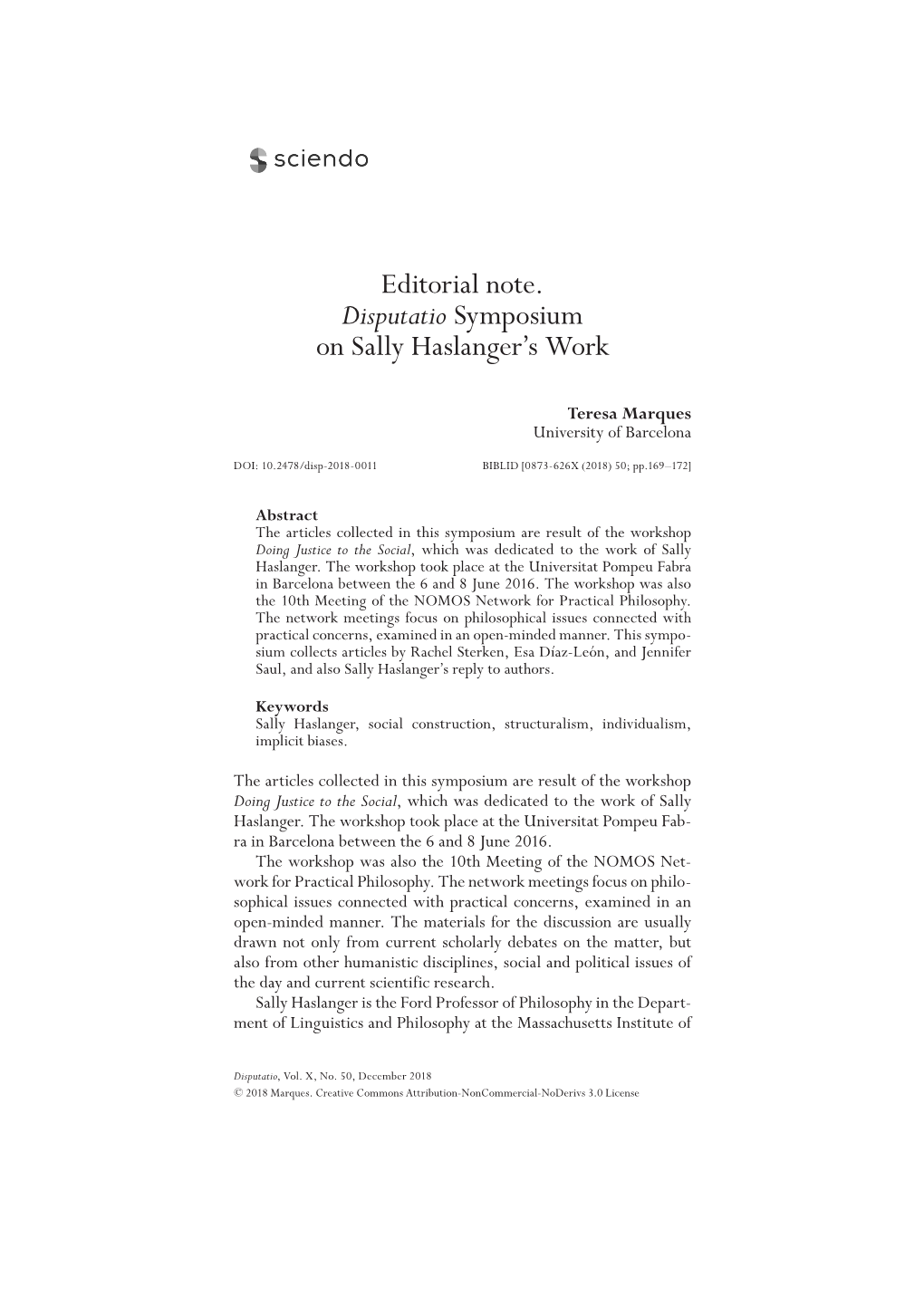 Editorial Note. Disputatio Symposium on Sally Haslanger's Work