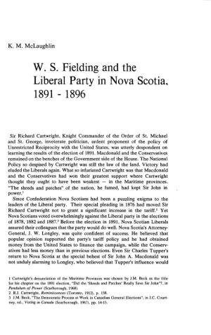 W. S. Fielding and the Liberal Party in Nova Scotia, 1891 - 1896