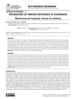 MECHANISMS of IMMUNE RESPONSES in CNIDARIANS Mecanismos De Respuesta Inmune En Cnidarios