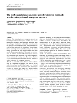 The Lumbosacral Plexus: Anatomic Considerations for Minimally Invasive Retroperitoneal Transpsoas Approach
