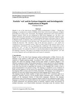Particle '-Wa' and Its Various Linguistic and Sociolinguistic Implications In