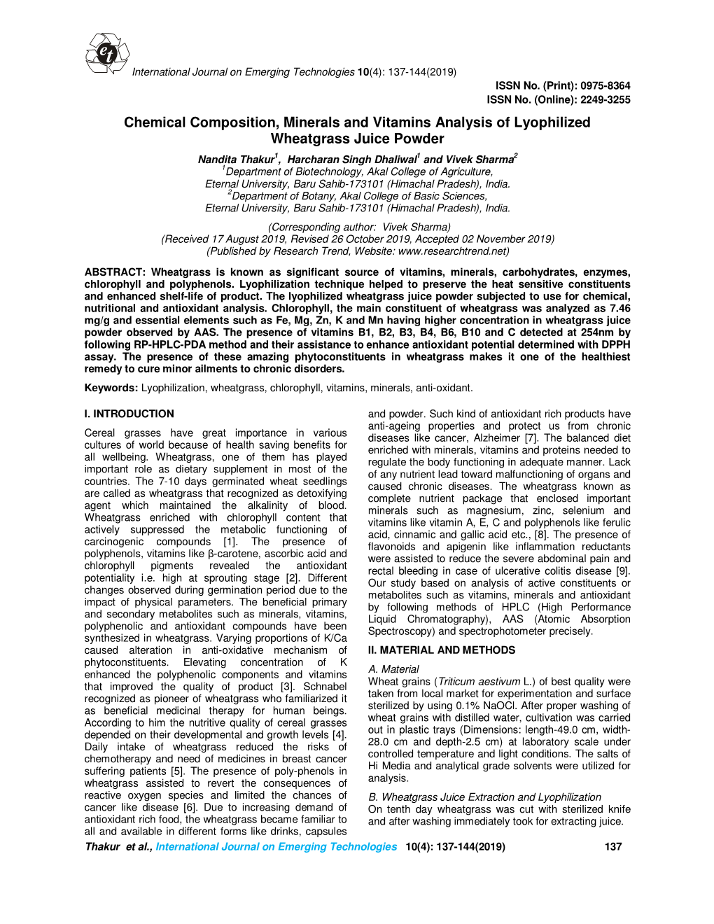 Chemical Composition, Minerals and Vitamins Analysis of Lyophilized