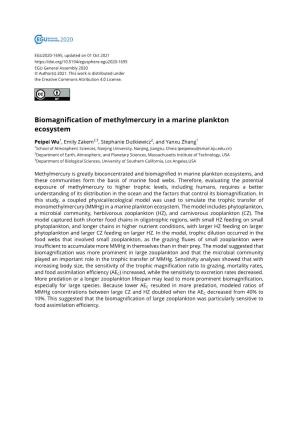 Biomagnification of Methylmercury in a Marine Plankton Ecosystem