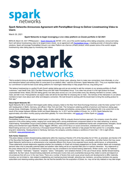 Spark Networks Announces Agreement with Parshipmeet Group to Deliver Livestreaming Video to Users