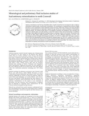 Mineralogical and Preliminary Fluid Inclusion Studies of Lead-Antimony Mineralisation in North Cornwall