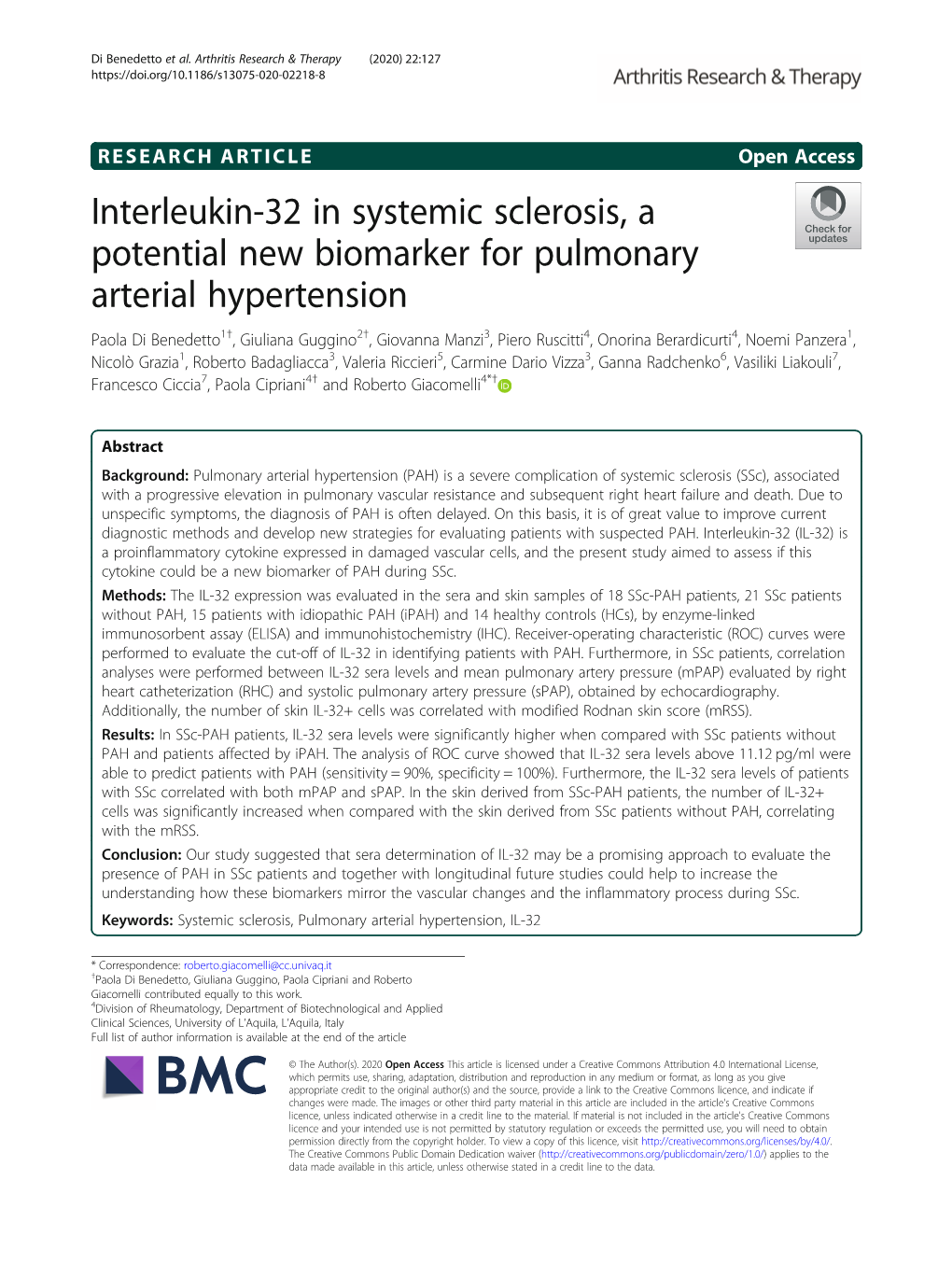 Interleukin-32 in Systemic Sclerosis, a Potential New Biomarker for Pulmonary Arterial Hypertension