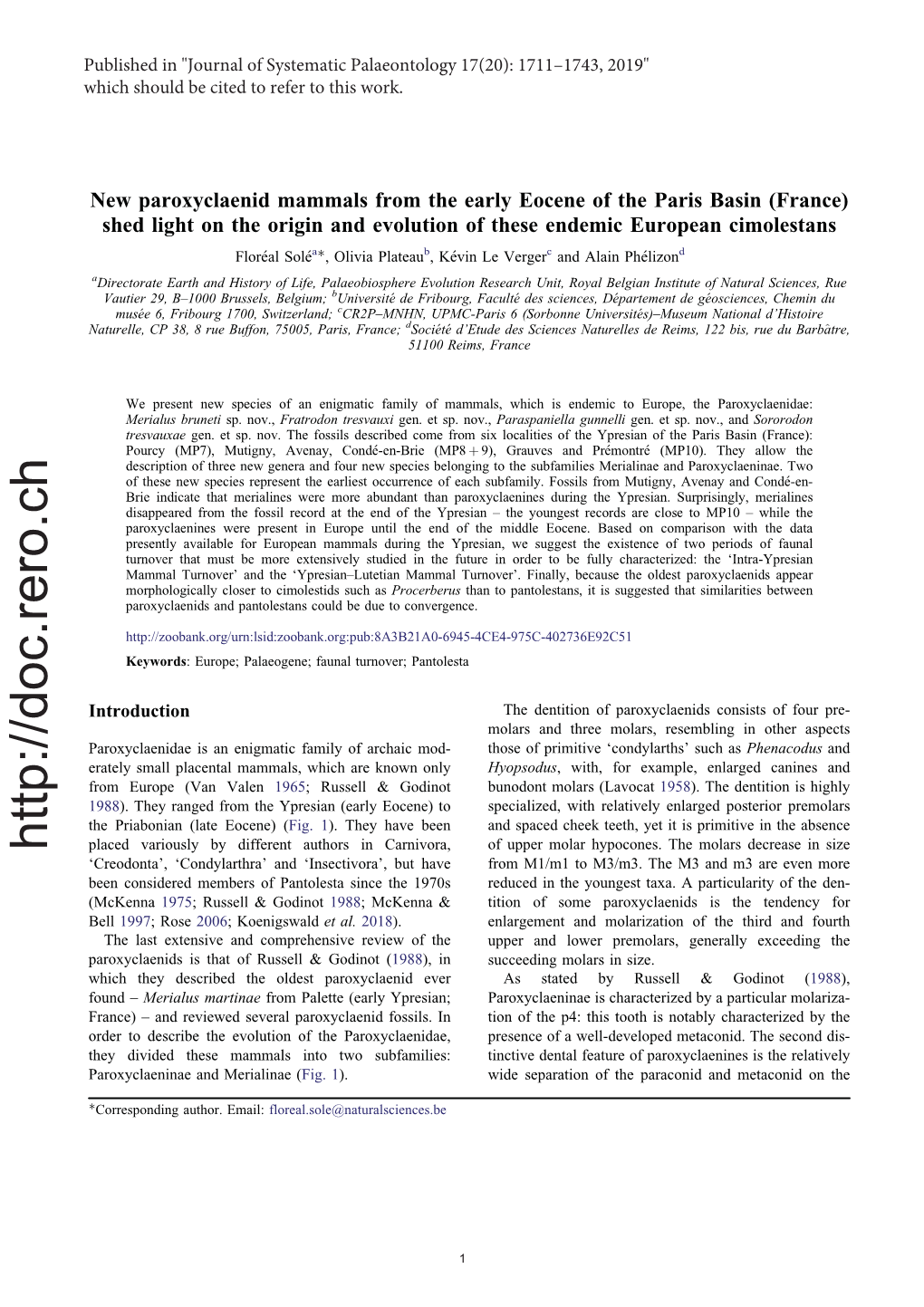 New Paroxyclaenid Mammals from the Early Eocene of the Paris Basin