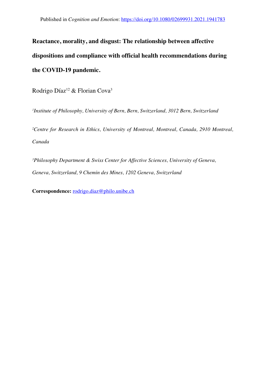 Reactance, Morality, and Disgust: the Relationship Between Affective Dispositions and Compliance with Official Health Recommendations During the COVID-19 Pandemic