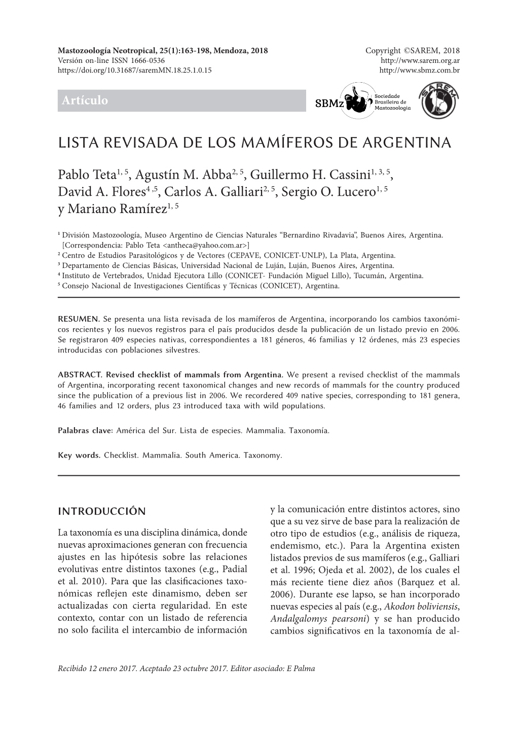 Lista Revisada De Los Mamíferos De Argentina