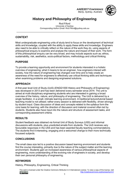 History and Philosophy of Engineering Rod Fiford University of Sydney Corresponding Author Email: Rod.Fiford@Sydney.Edu.Au