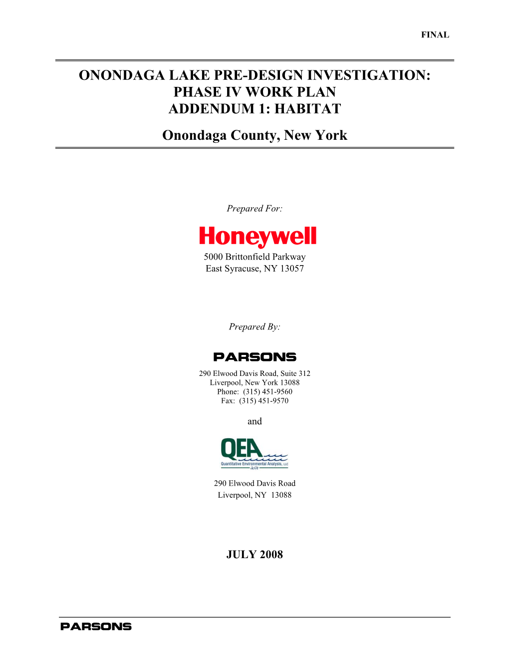 Onondaga Lake Pre-Design Investigation: Phase Iv Work Plan Addendum 1: Habitat