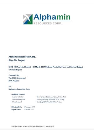 Alphamin Resources Corp. Bisie Tin Project