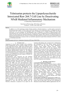 Telmisartan Protects the Lipopolysaccharide Intoxicated Raw 264.7 Cell Line by Deactivating Nfκb Mediated Inflammatory Mechanism S