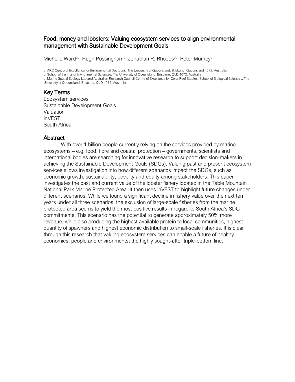 Food, Money and Lobsters: Valuing Ecosystem Services to Align Environmental Management with Sustainable Development Goals