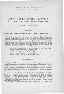 Sinopsis De Las Especies Argentinas Del Genero Berberis (Berberidaceae) *
