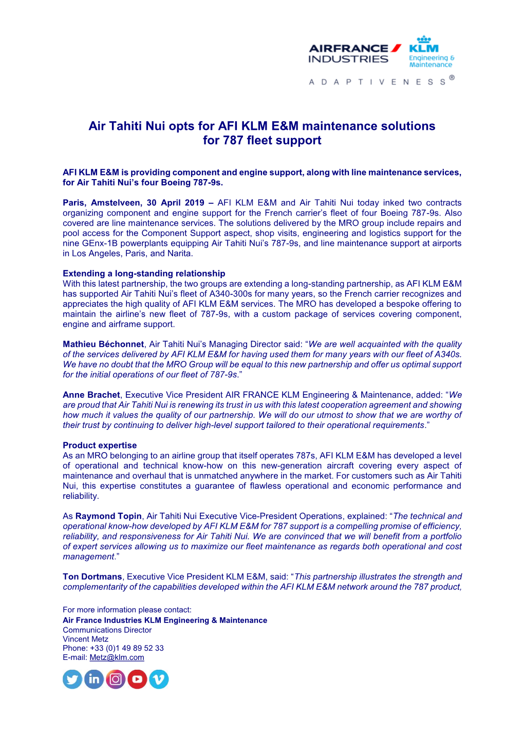 Air Tahiti Nui Opts for AFI KLM E&M Maintenance Solutions for 787 Fleet