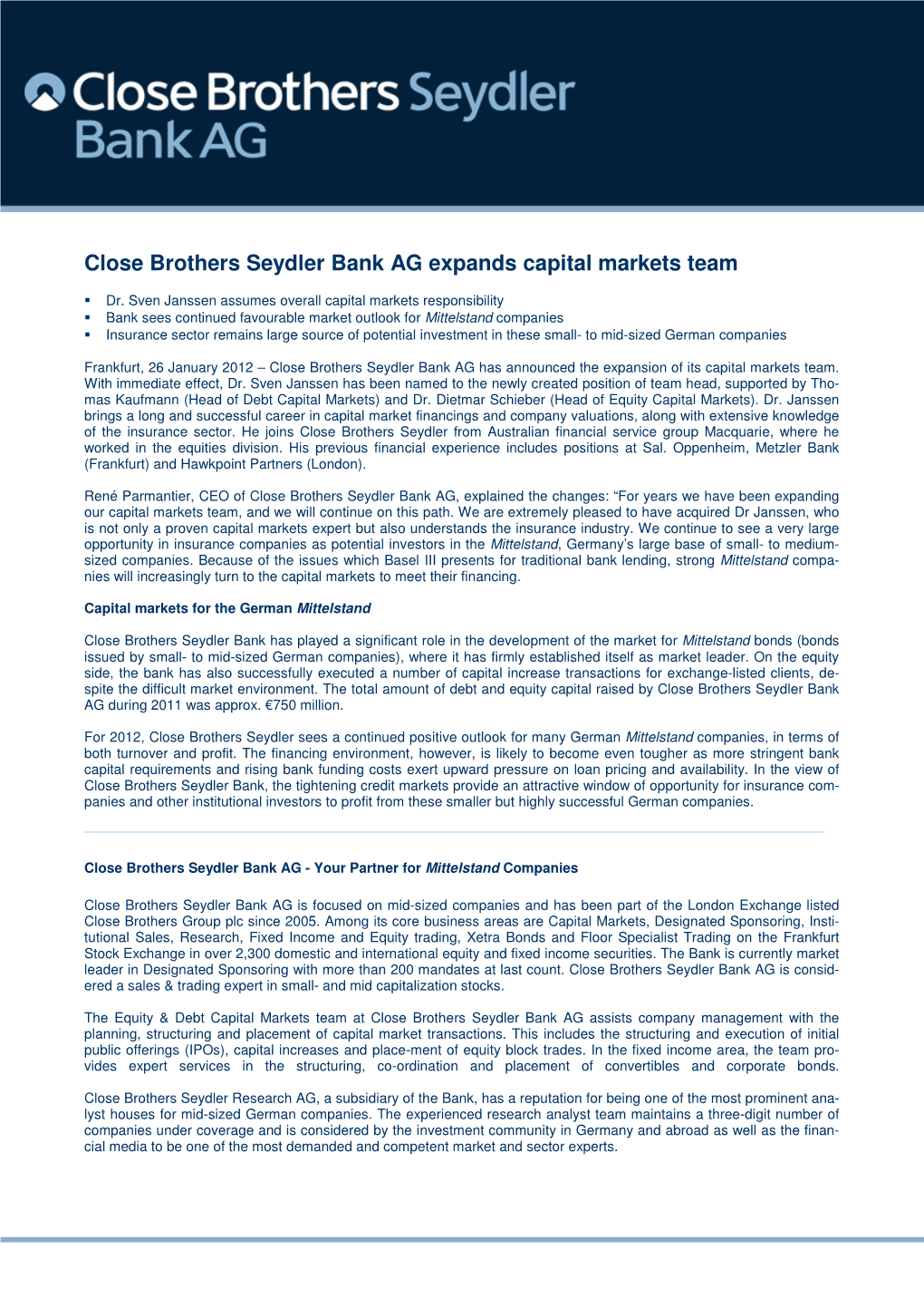 Close Brothers Seydler Bank AG Expands Capital Markets Team