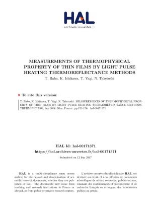 Measurements of Thermophysical Property of Thin Films by Light Pulse Heating Thermoreflectance Methods T