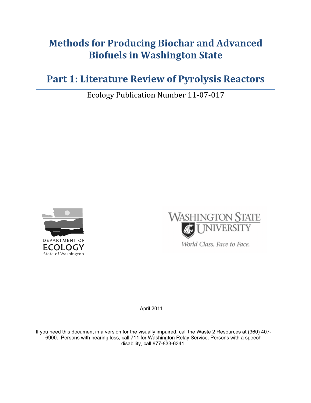 Methods for Producing Biochar and Advanced Biofuels in Washington State