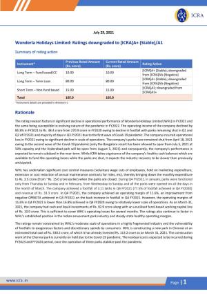 Wonderla Holidays Limited: Ratings Downgraded to [ICRA]A+ (Stable)/A1