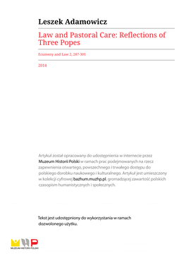 Leszek Adamowicz Law and Pastoral Care: Reflections of Three Popes