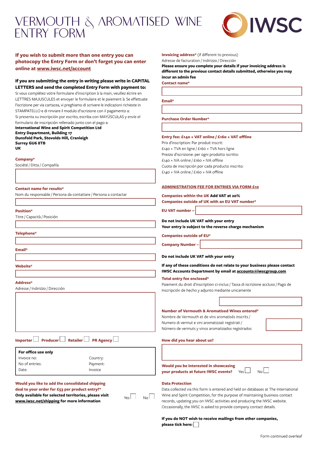 Vermouth & Aromatised WINE ENTRY FORM