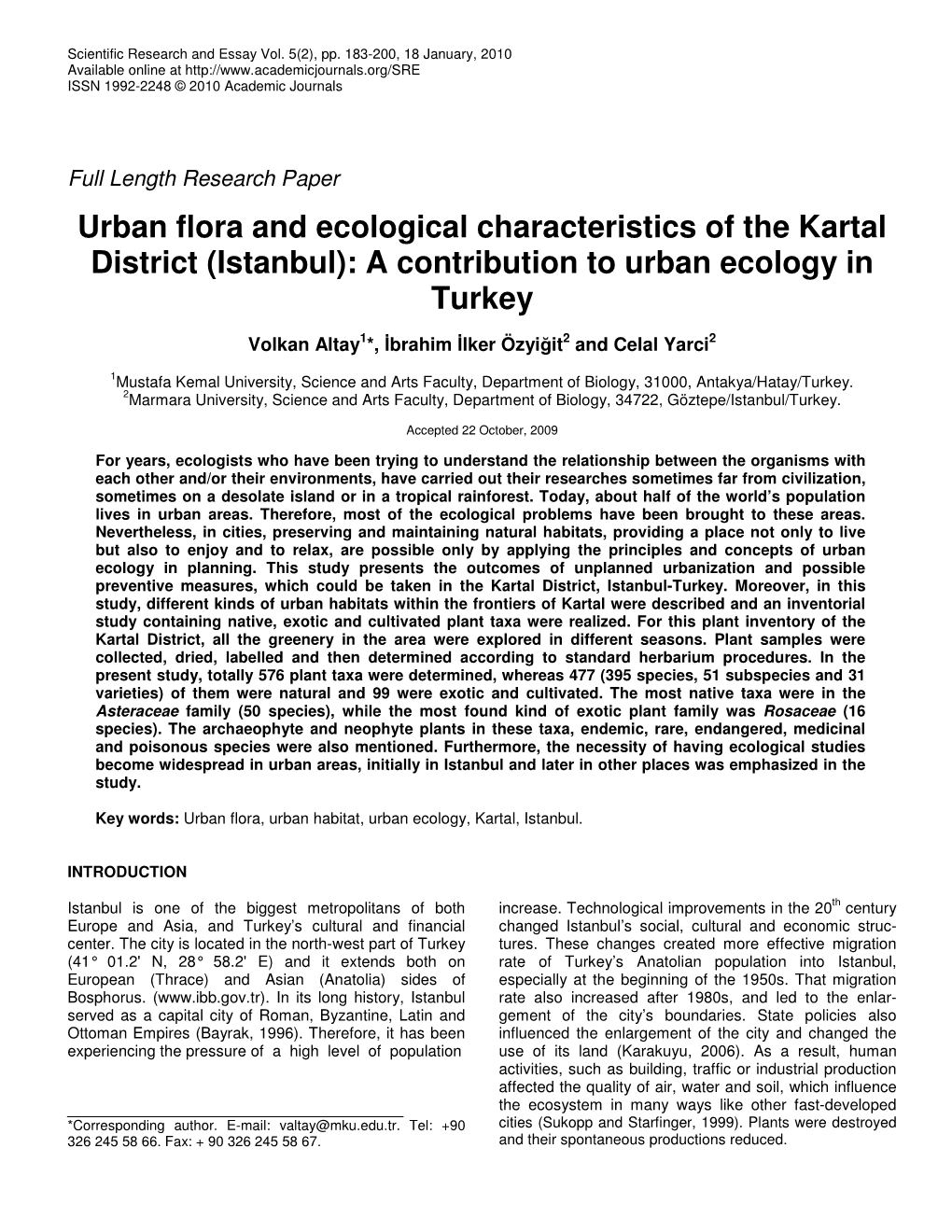 Urban Flora and Ecological Characteristics of the Kartal District (Istanbul): a Contribution to Urban Ecology in Turkey