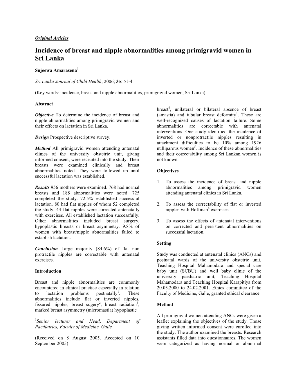 Incidence of Breast and Nipple Abnormalities Among Primigravid Women in Sri Lanka