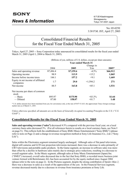 Consolidated Financial Results for the Fiscal Year Ended March 31, 2005